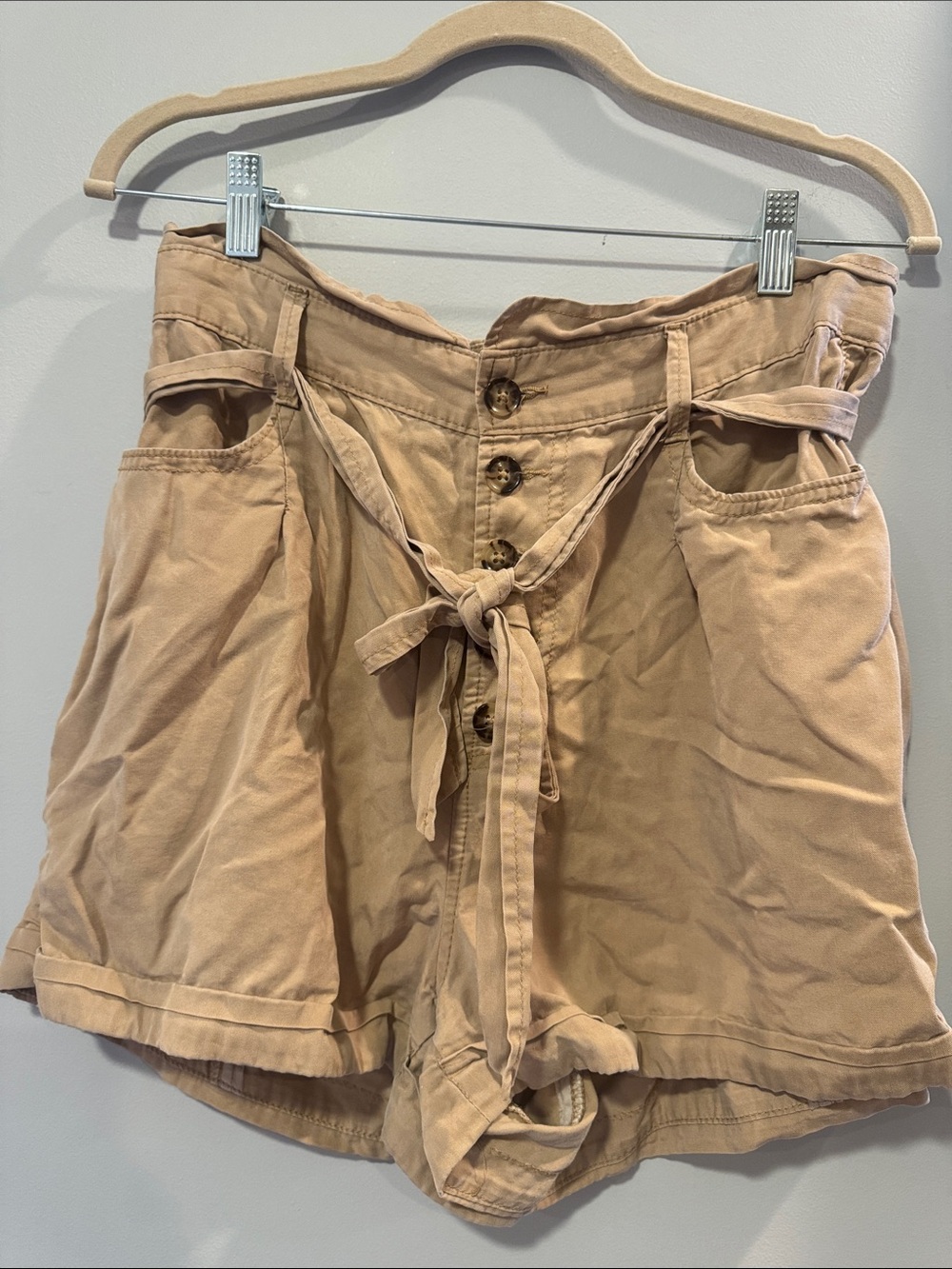 Express Tan Belted Paperbag Extreme High Rise Lyocell Shorts Medium